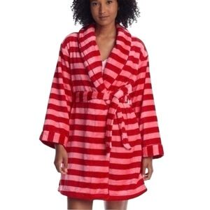 Kate Spade Red Pink Striped Plush Robe Medium Shawl Collar Tie Waist Pockets